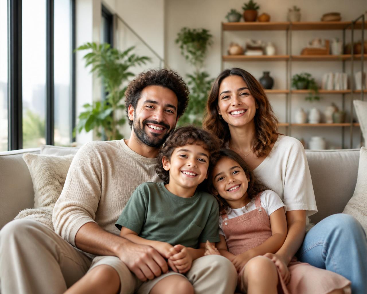 Família feliz e tranquila no apartamento, simbolizando o cuidado da Domus